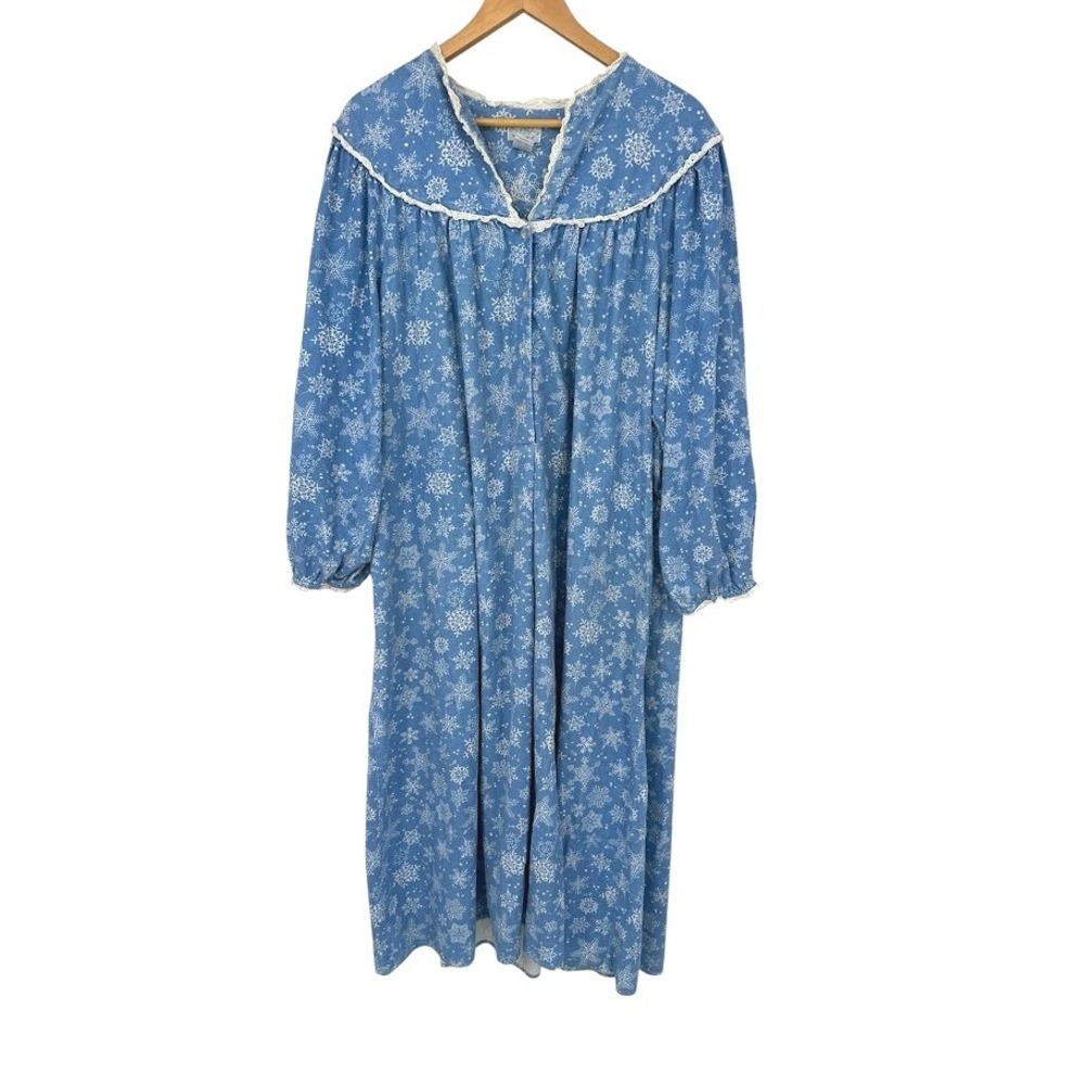 Vintage Lanz of Salzburg Nightgown Womens XL Blue Snowflake Flannel Lace Cozy